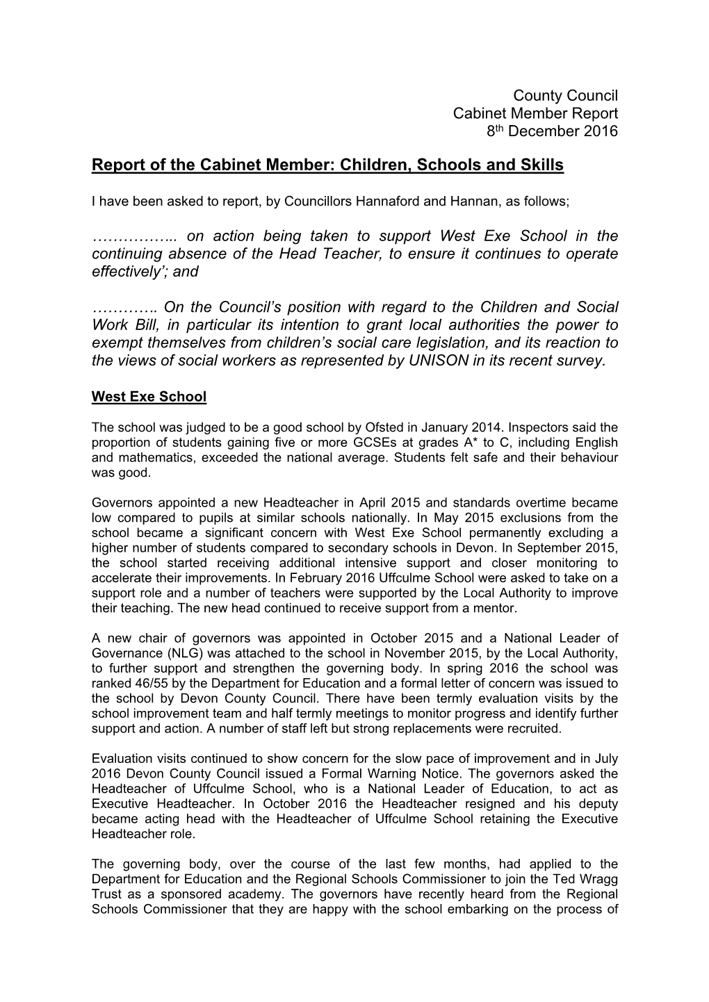 Report of the Cabinet Member: Children, Schools and Skills