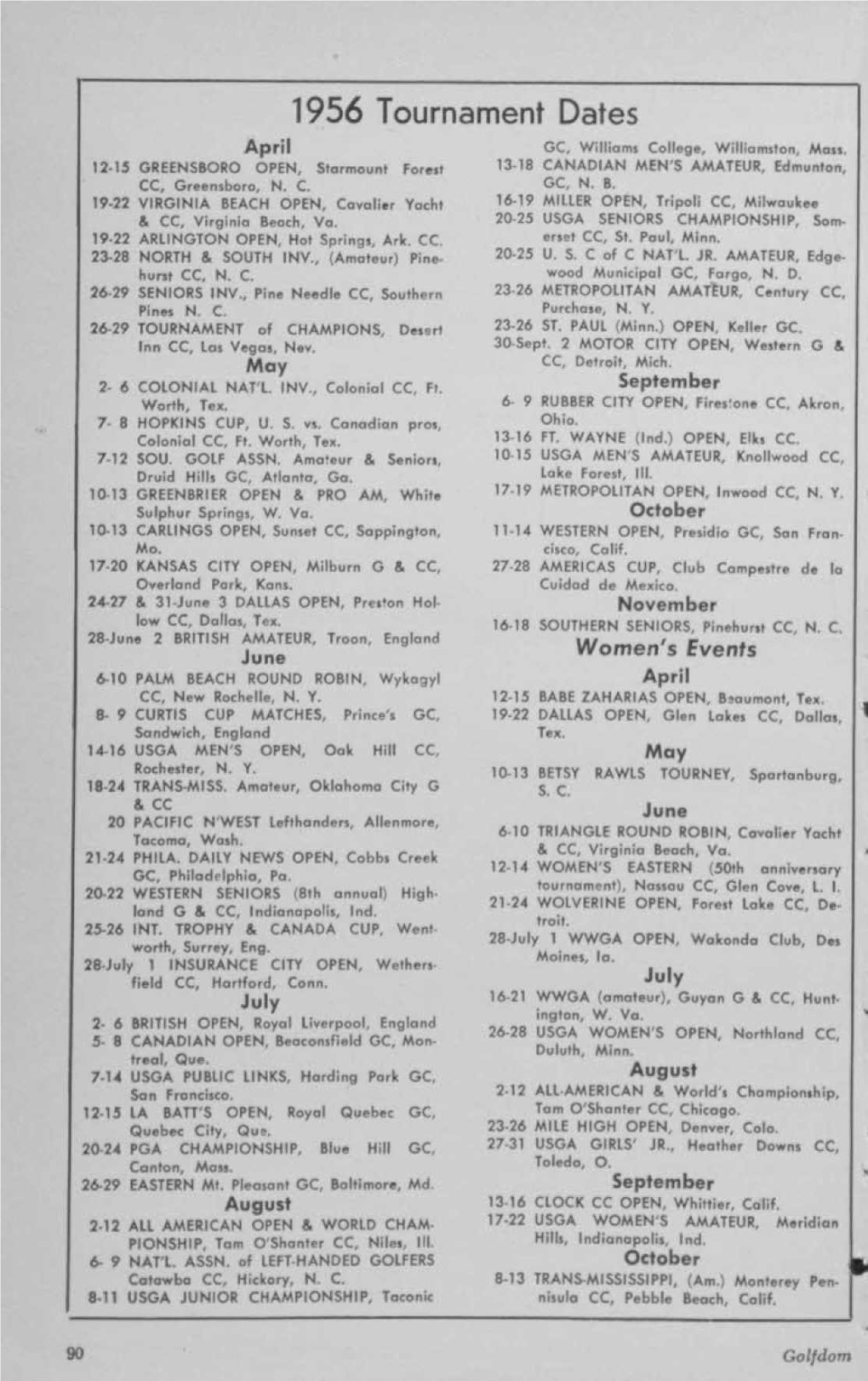 1956 Tournament Dates April GC, Williams College, Williams Tan
