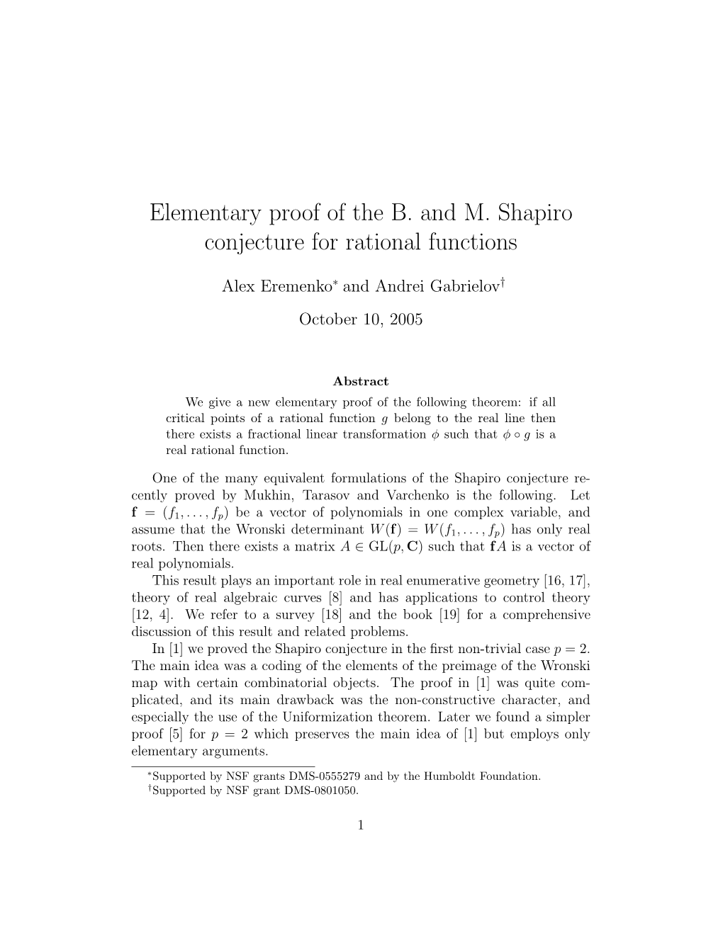Elementary Proof of the B. and M. Shapiro Conjecture for Rational Functions