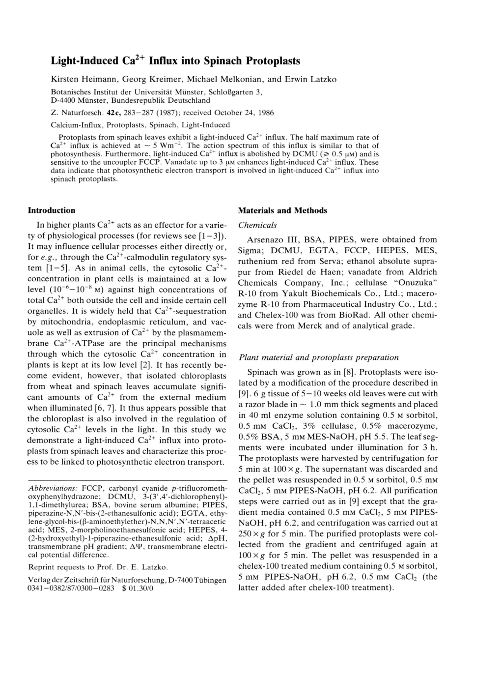 Light-Induced Ca2+ Influx Into Spinach Protoplasts