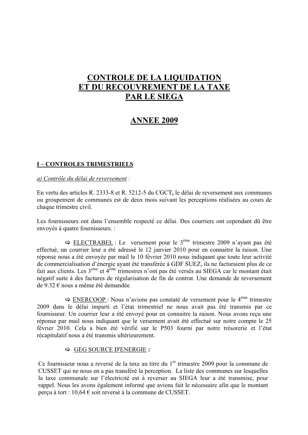 Rapport De Contrôle De La Taxe 2009