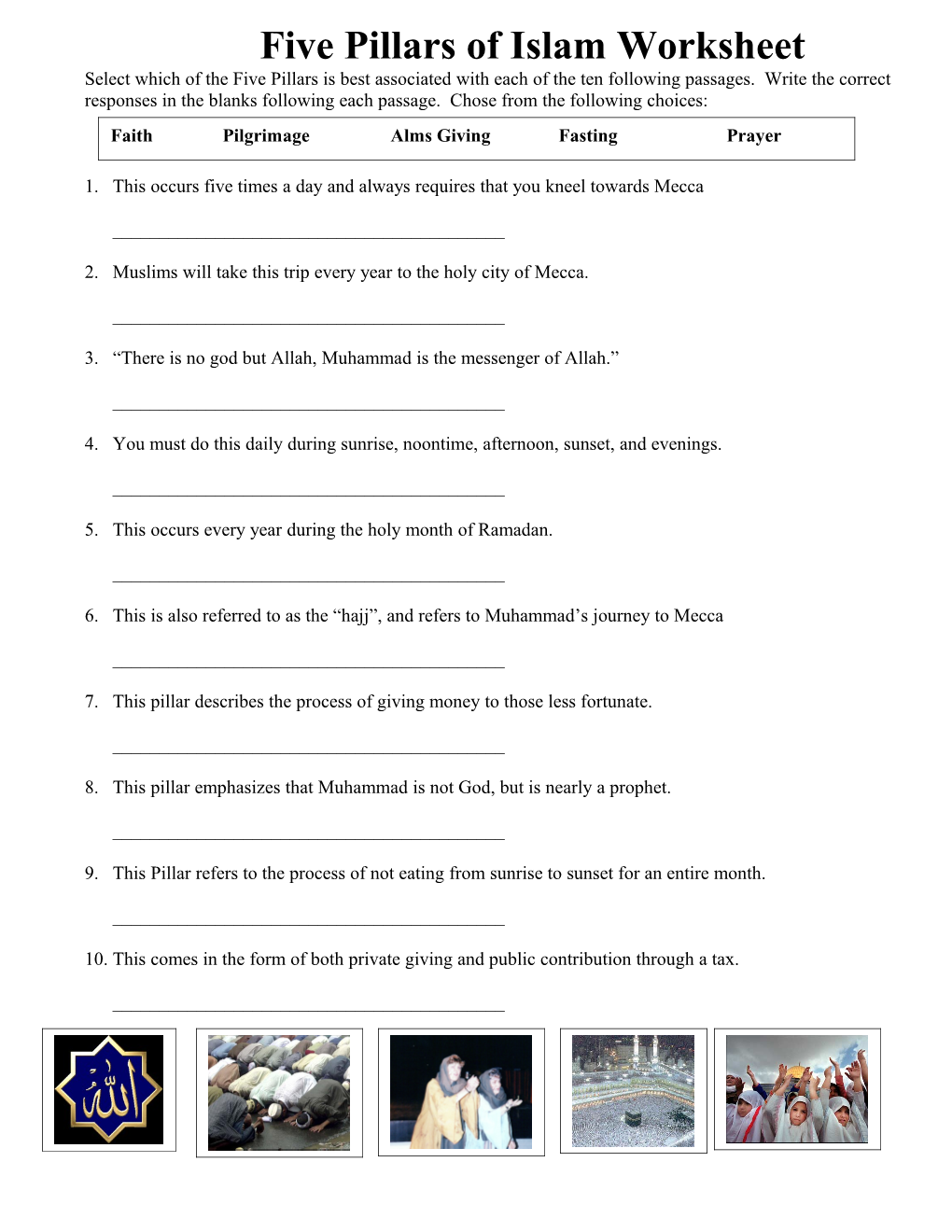 Five Pillars of Islam Worksheet