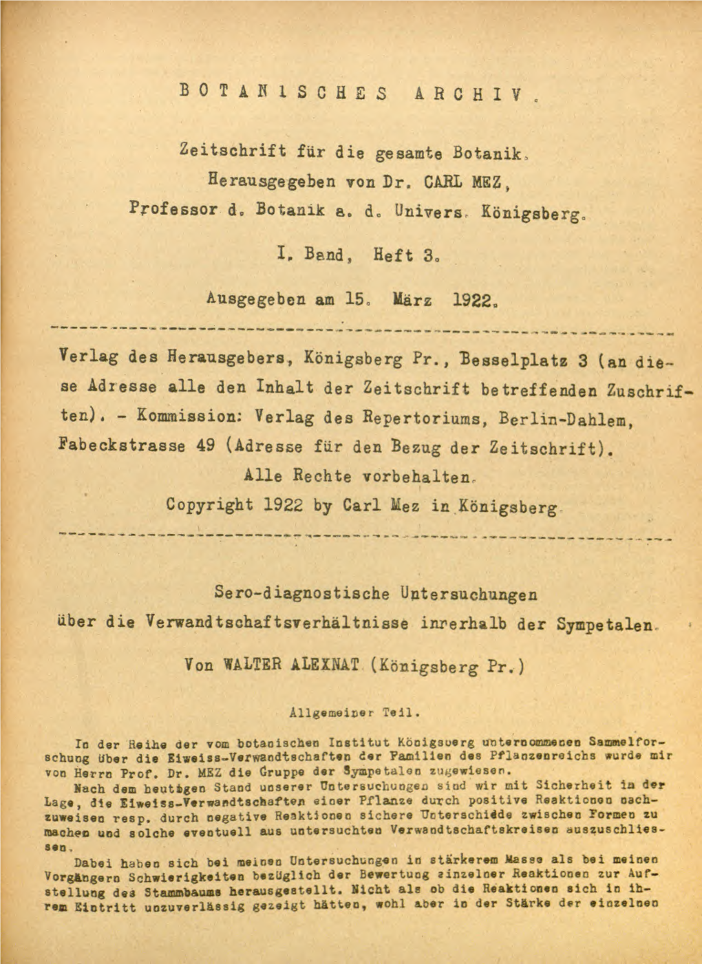 Botanisches Archiv.Zeitschrift Fur Die Gesamte Botanik