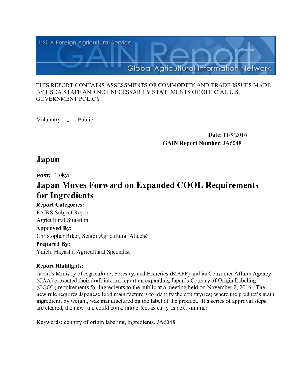 Japan Moves Forward on Expanded COOL