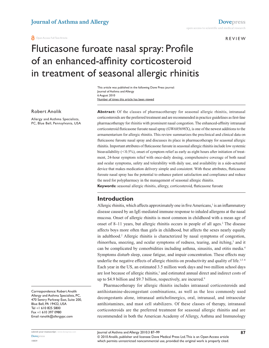 Fluticasone Furoate Nasal Spray: Profile of an Enhanced-Affinity Corticosteroid in Treatment of Seasonal Allergic Rhinitis