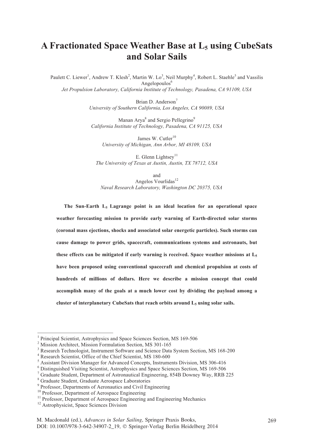 A Fractionated Space Weather Base at L5 Using Cubesats and Solar Sails