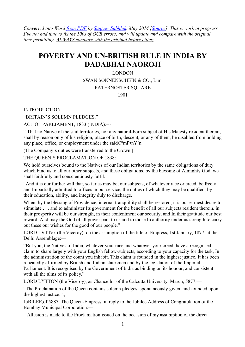 Poverty and Un-British Rule in India by Dadabhai Naoroji