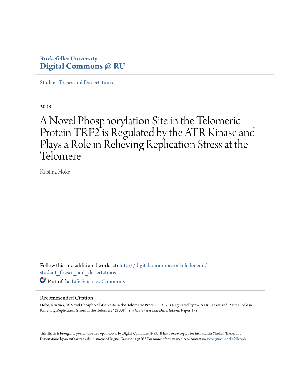 A Novel Phosphorylation Site in the Telomeric Protein TRF2 Is