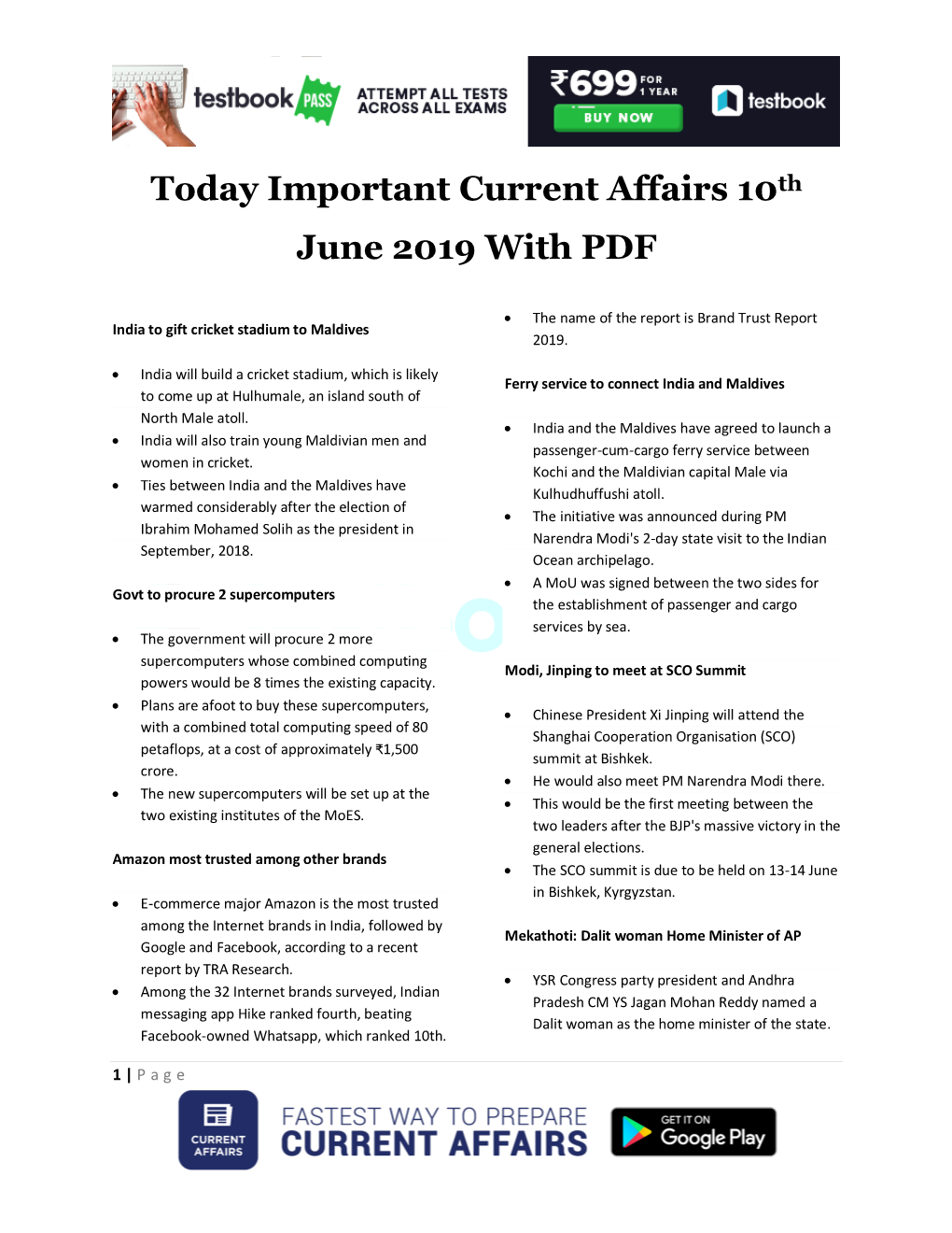 Today Important Current Affairs 10Th June 2019 with PDF