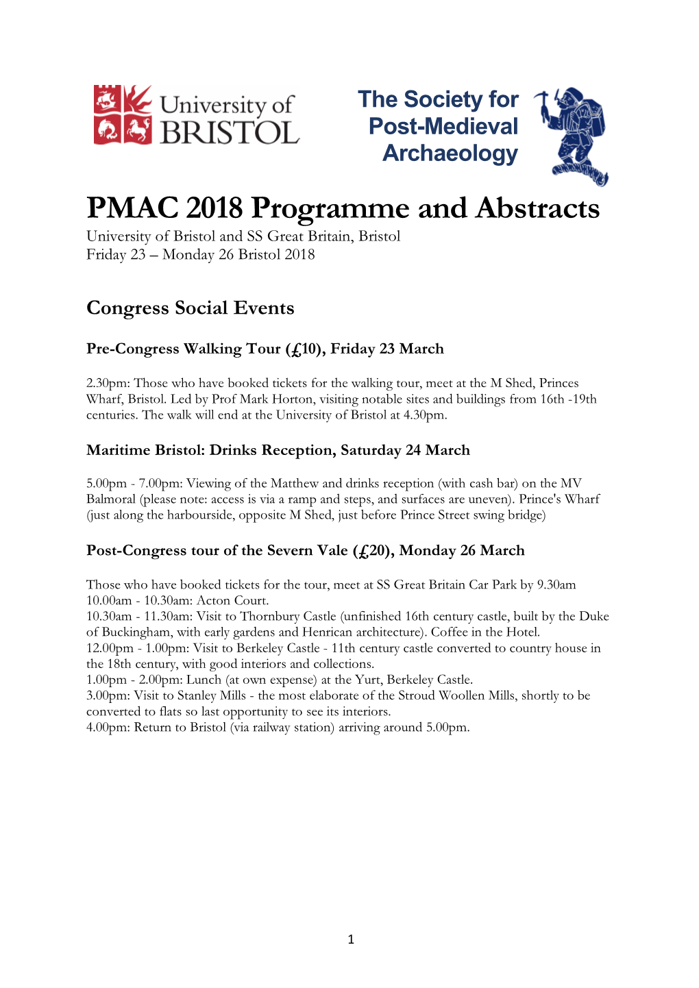 PMAC 2018 Programme and Abstracts University of Bristol and SS Great Britain, Bristol Friday 23 – Monday 26 Bristol 2018