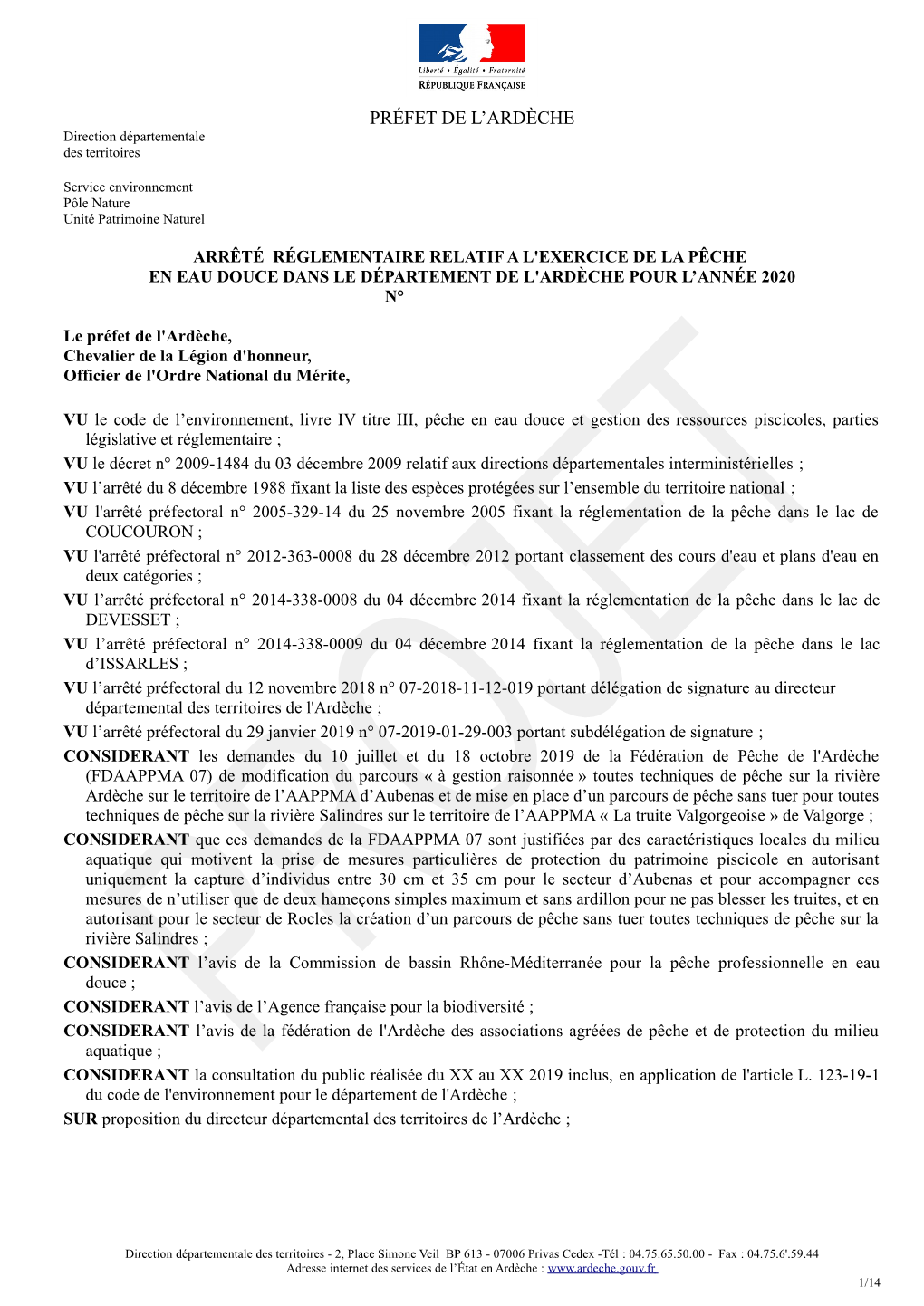 Arrêté Réglementaire Relatif a L'exercice De La Pêche En Eau Douce Dans Le Département De L'ardèche Pour L’Année 2020 N°