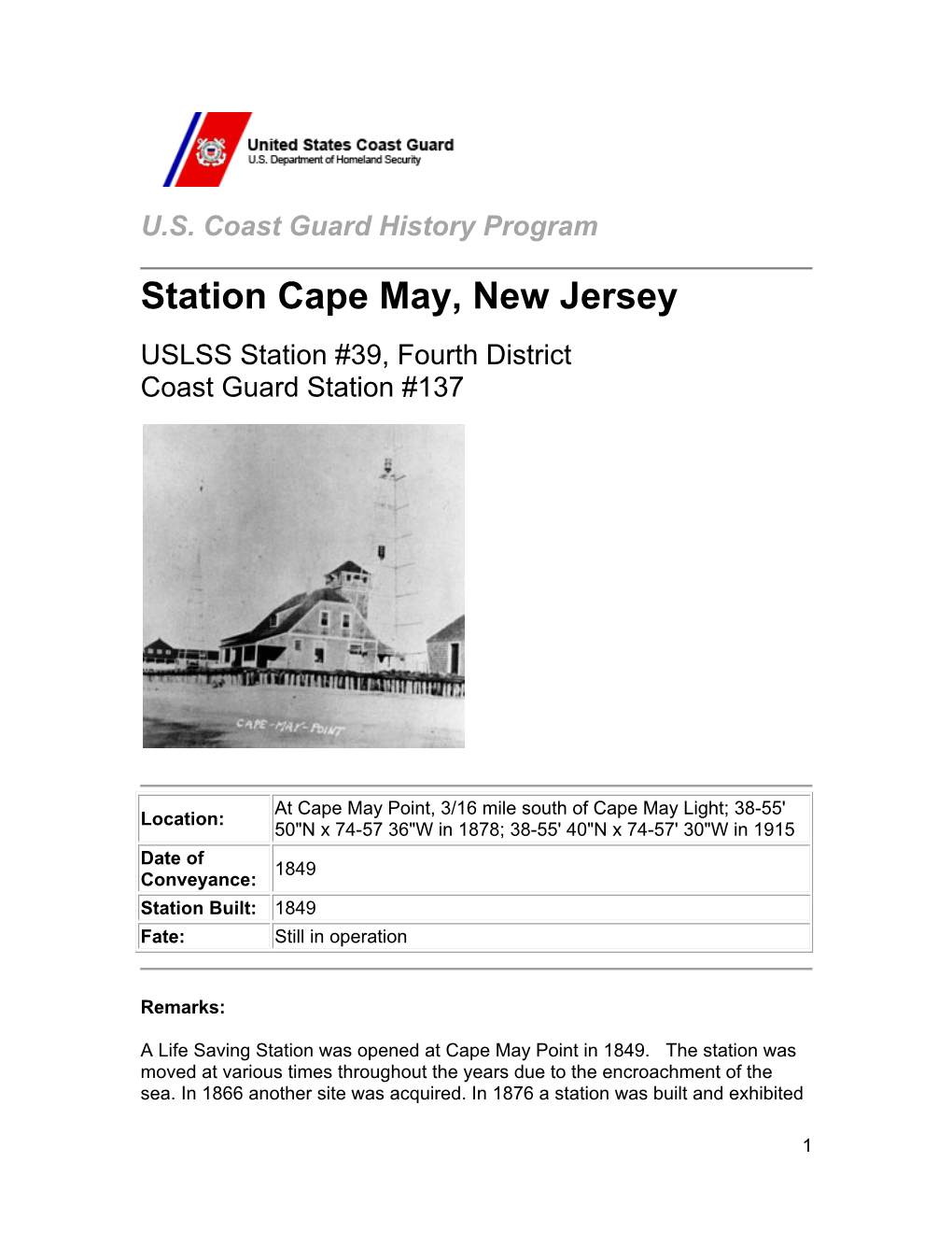 Station Cape May, New Jersey USLSS Station #39, Fourth District Coast Guard Station #137