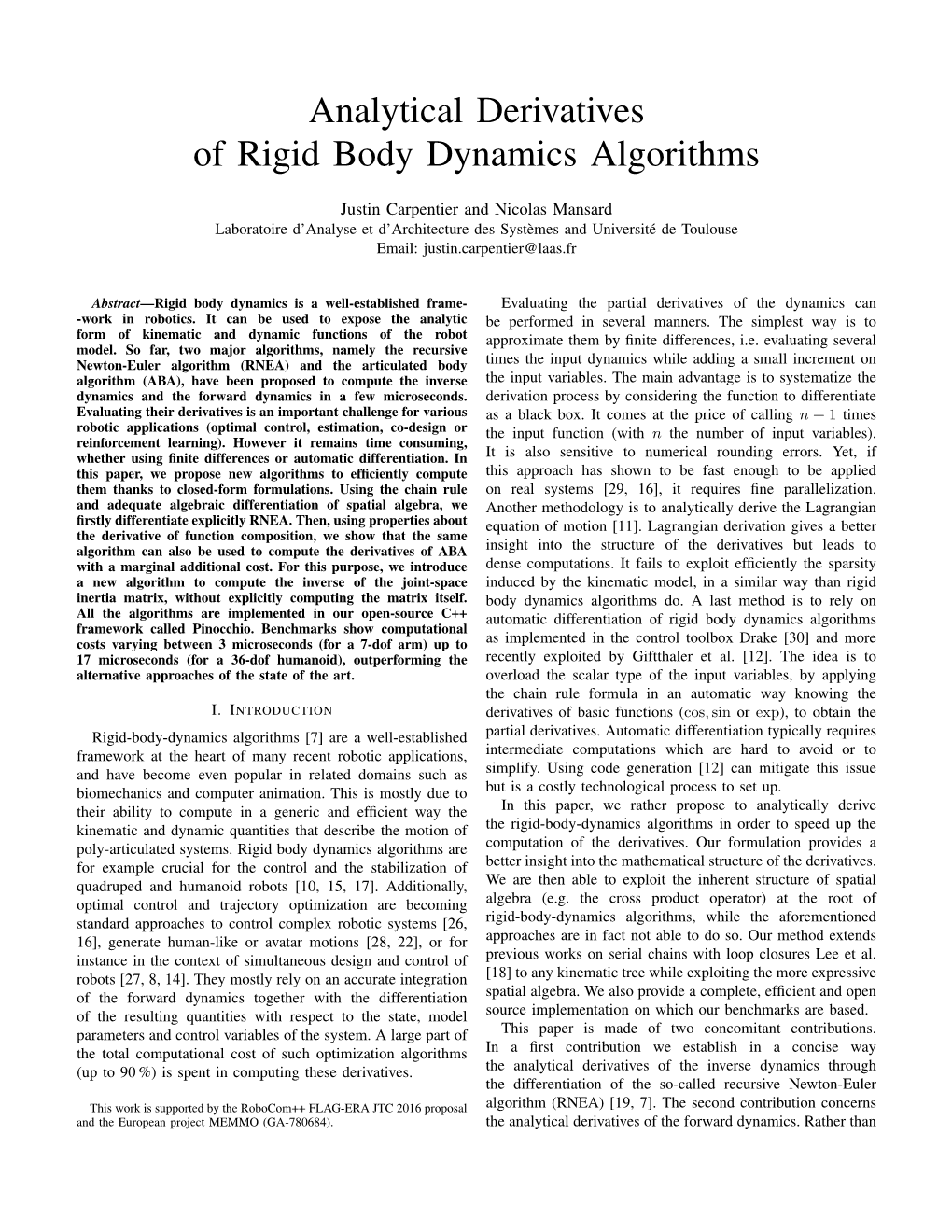 Analytical Derivatives of Rigid Body Dynamics Algorithms