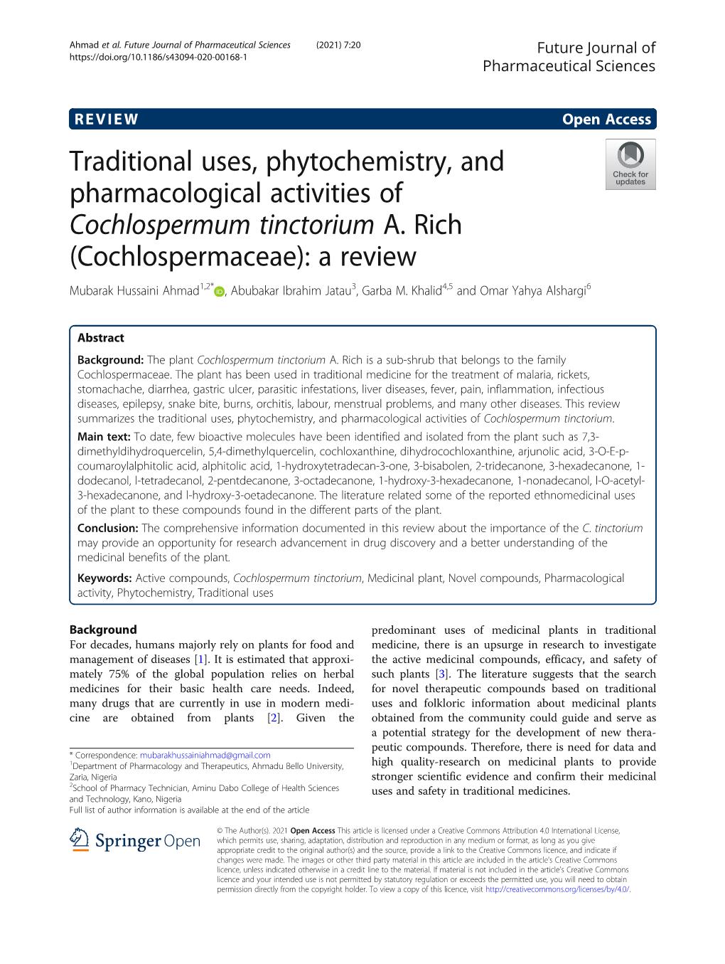 Cochlospermaceae): a Review Mubarak Hussaini Ahmad1,2* , Abubakar Ibrahim Jatau3, Garba M