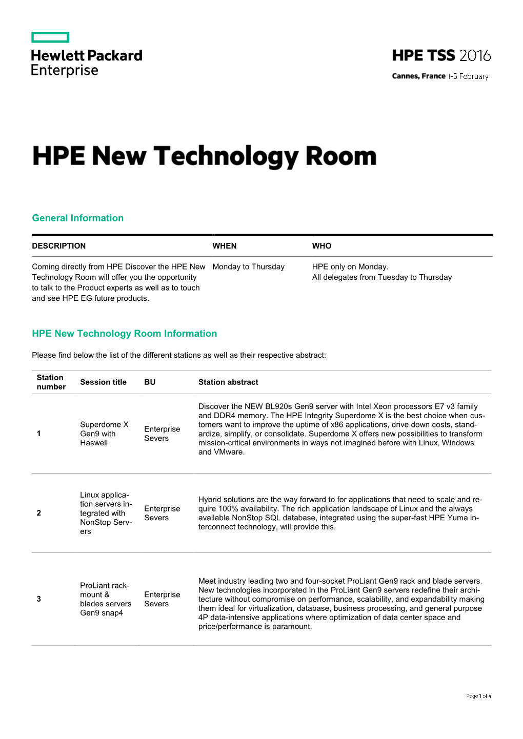 General Information HPE New Technology Room Information