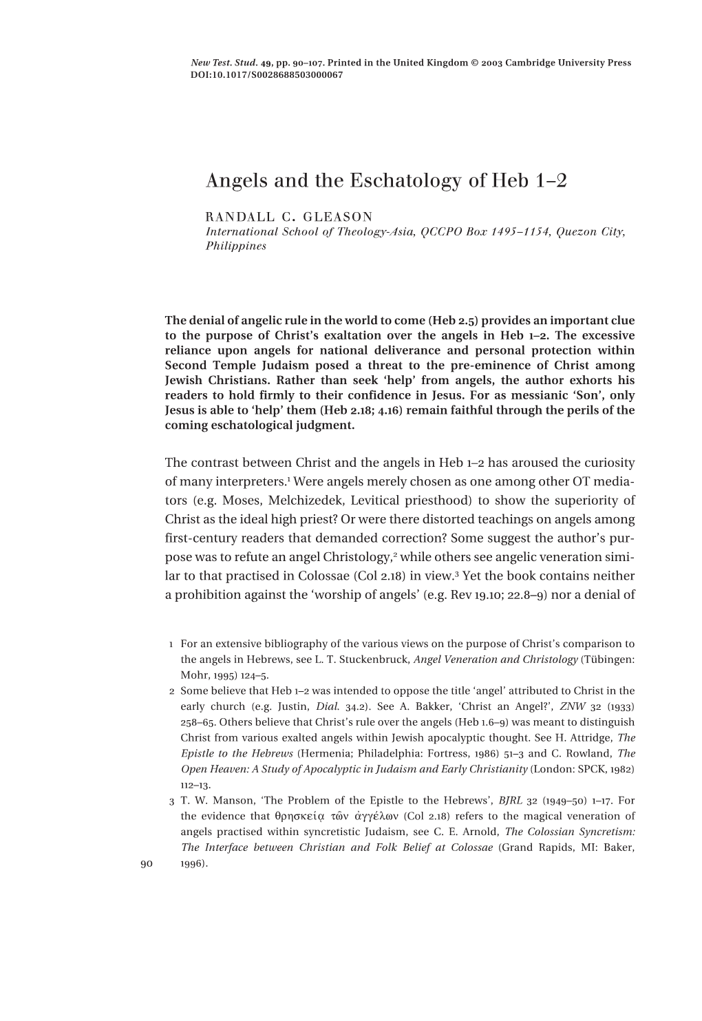 Angels and Eschatology of Heb