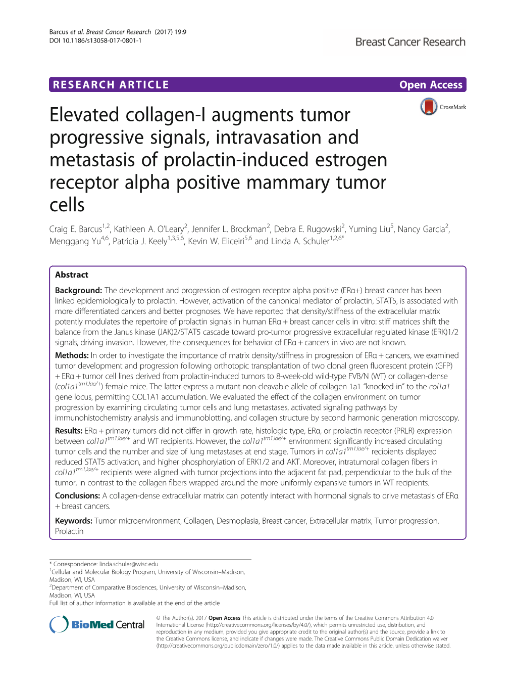 Elevated Collagen-I Augments Tumor Progressive Signals, Intravasation and Metastasis of Prolactin-Induced Estrogen Receptor Alpha Positive Mammary Tumor Cells Craig E