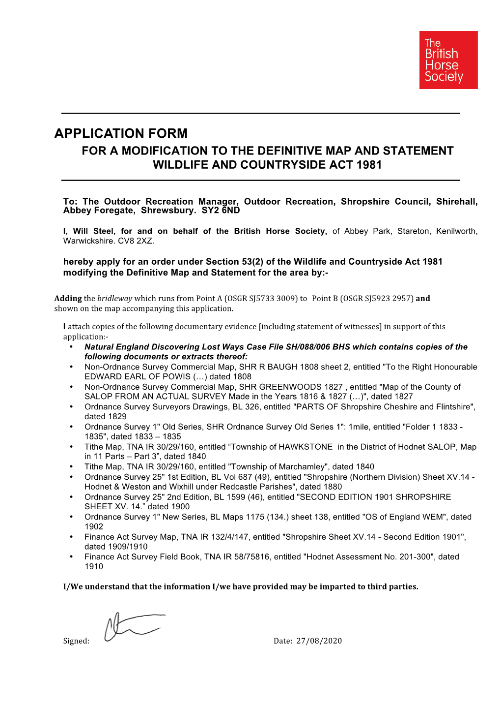 Application Form for a Modification to the Definitive Map and Statement Wildlife and Countryside Act 1981