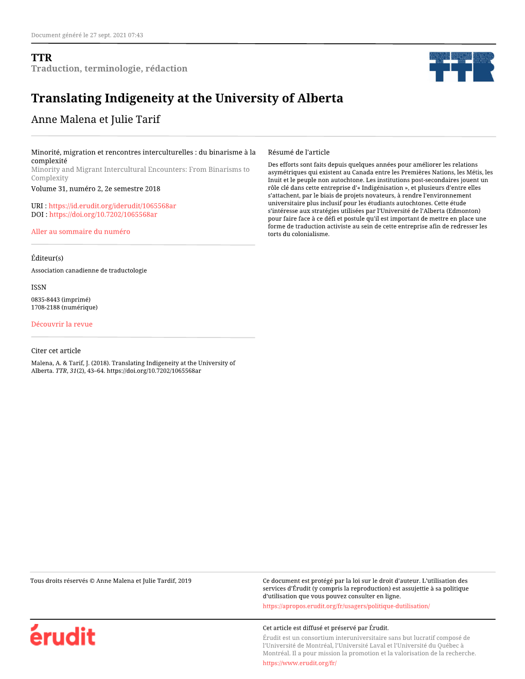 Translating Indigeneity at the University of Alberta Anne Malena Et Julie Tarif