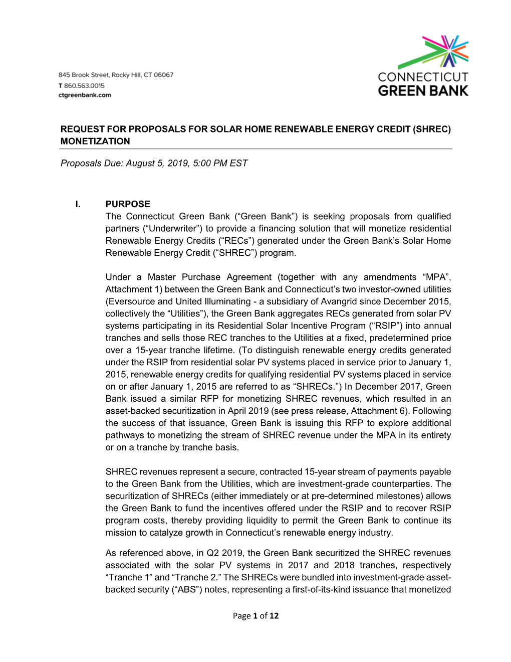Page 1 of 12 REQUEST for PROPOSALS for SOLAR HOME RENEWABLE ENERGY CREDIT (SHREC) MONETIZATION Proposals Due: August 5, 2019, 5