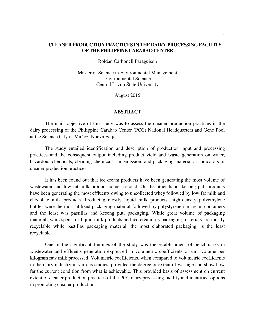 Cleaner Production Practices in the Dairy Processing Facility of the Philippine Carabao Center