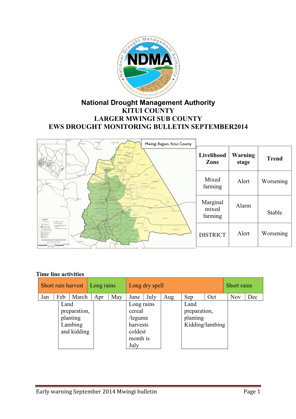 National Drought Management Authority KITUI COUNTY LARGER MWINGI SUB COUNTY EWS DROUGHT MONITORING BULLETIN SEPTEMBER2014
