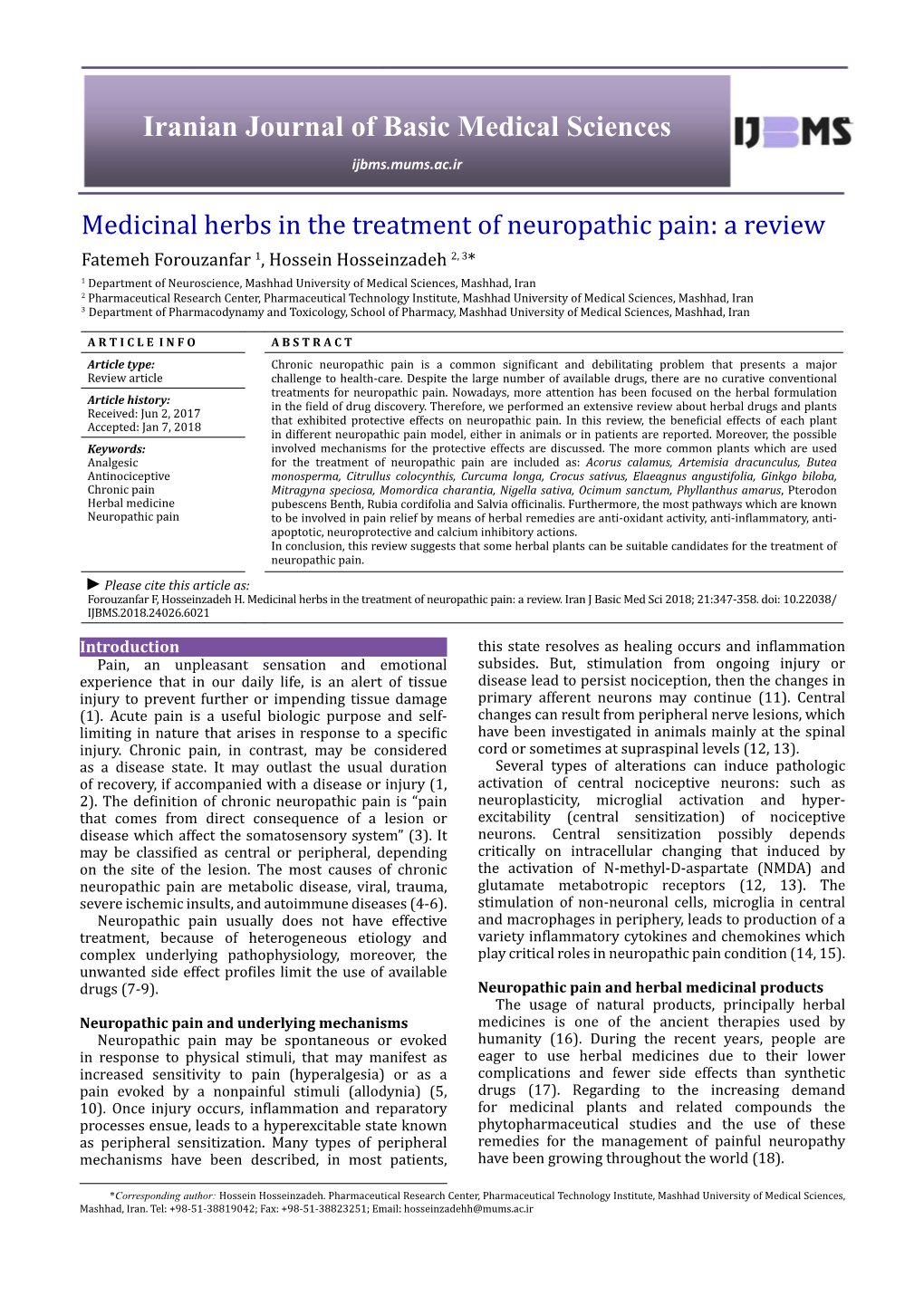 Medicinal Herbs in the Treatment of Neuropathic Pain