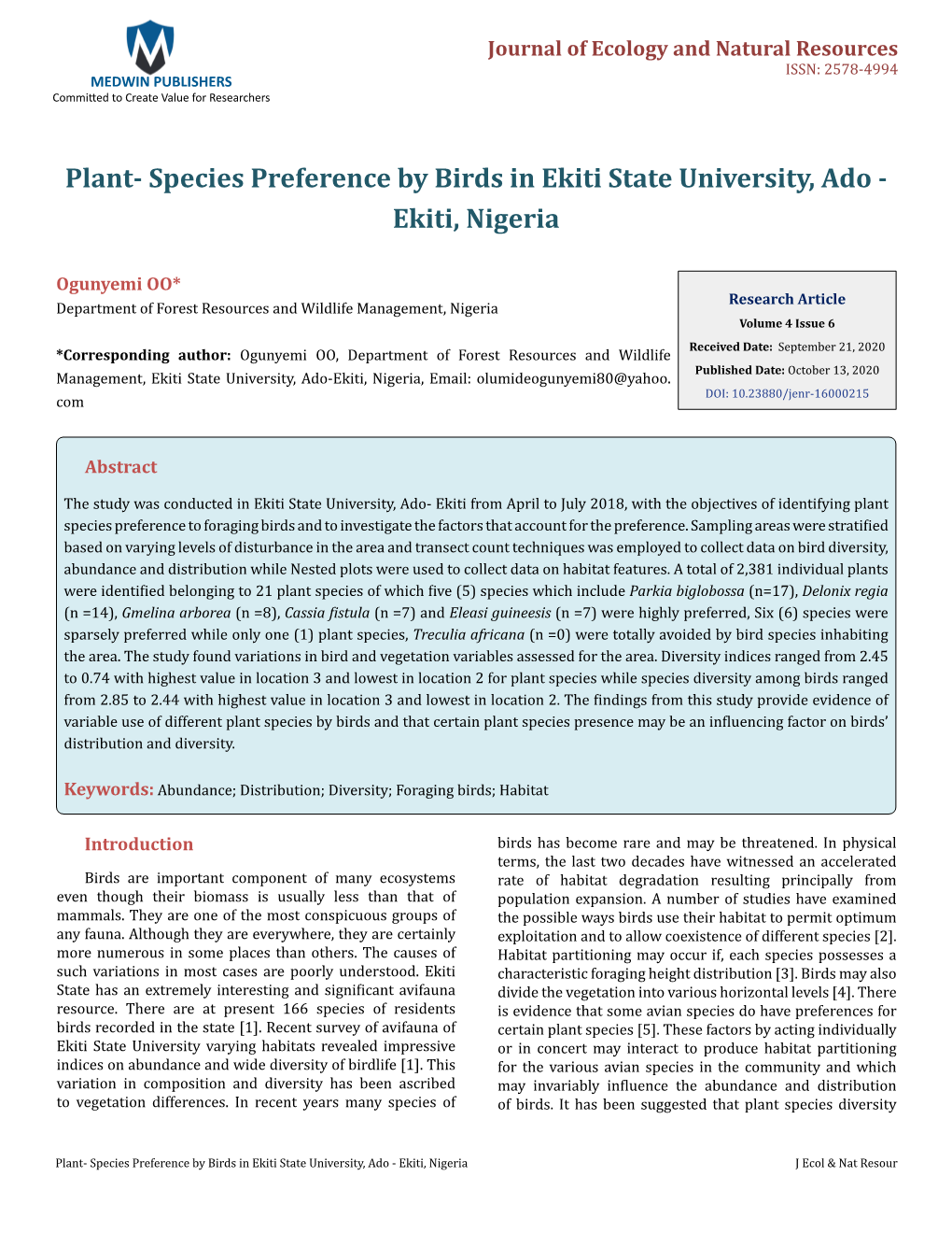 Plant- Species Preference by Birds in Ekiti State University, Ado - Ekiti, Nigeria