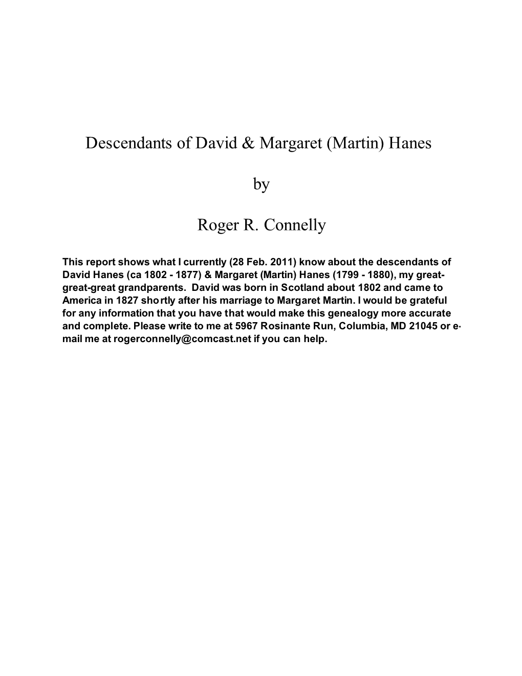 Descendants of David & Margaret (Martin) Hanes by Roger R. Connelly