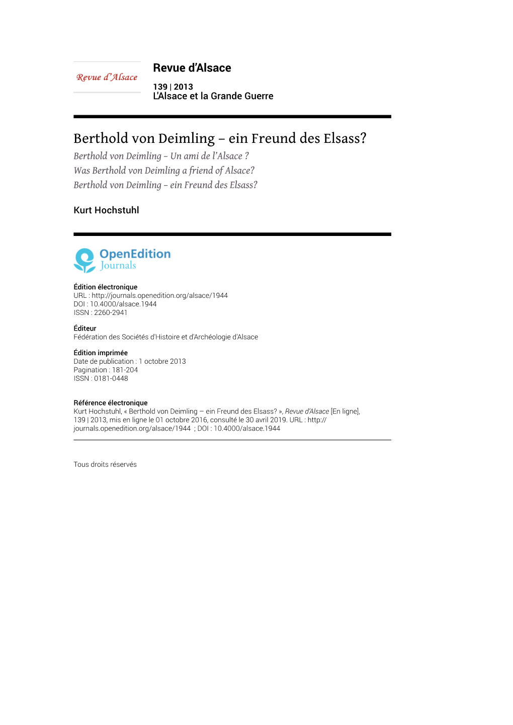 Berthold Von Deimling – Ein Freund Des Elsass?