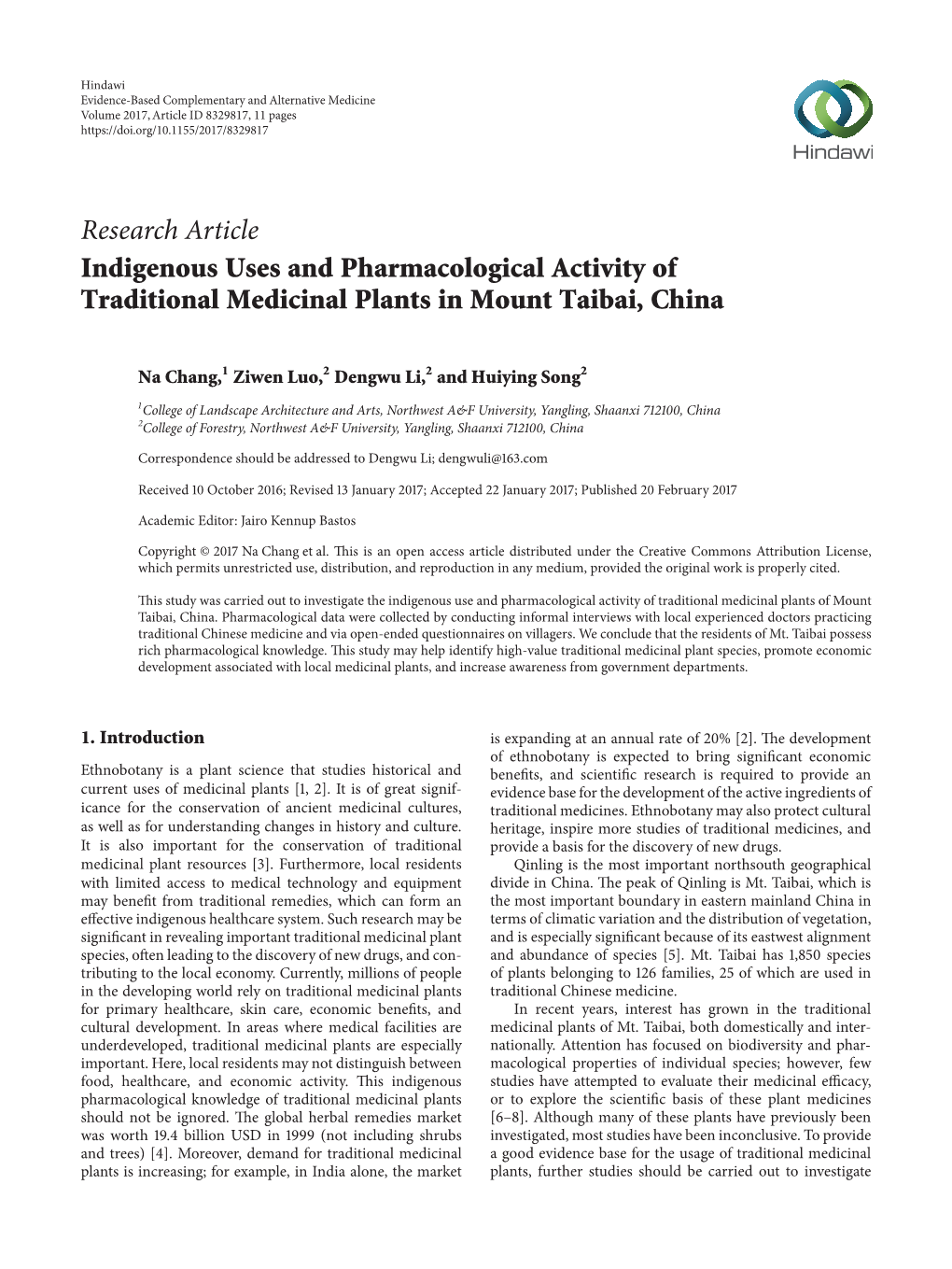 Indigenous Uses and Pharmacological Activity of Traditional Medicinal Plants in Mount Taibai, China