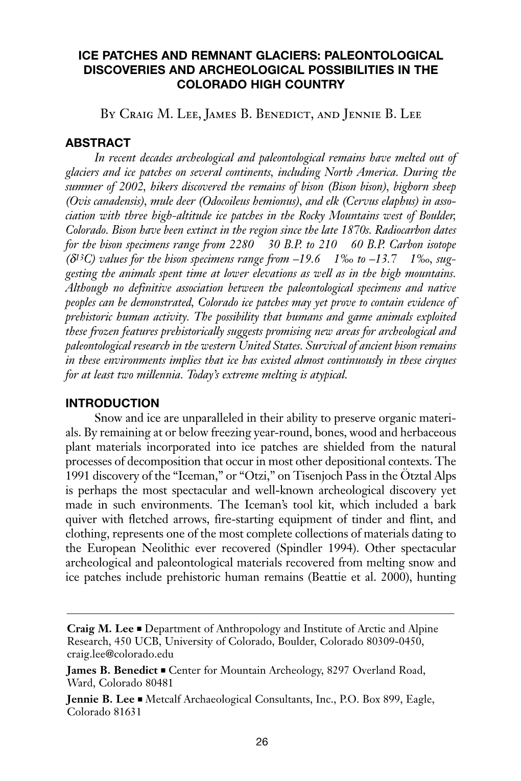 Ice Patches and Remnant Glaciers: Paleontological Discoveries and Archeological Possibilities in the Colorado High Country