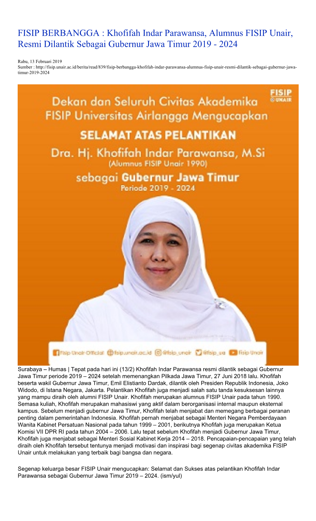 Khofifah Indar Parawansa, Alumnus FISIP Unair, Resmi Dilantik Sebagai Gubernur Jawa Timur 2019 - 2024