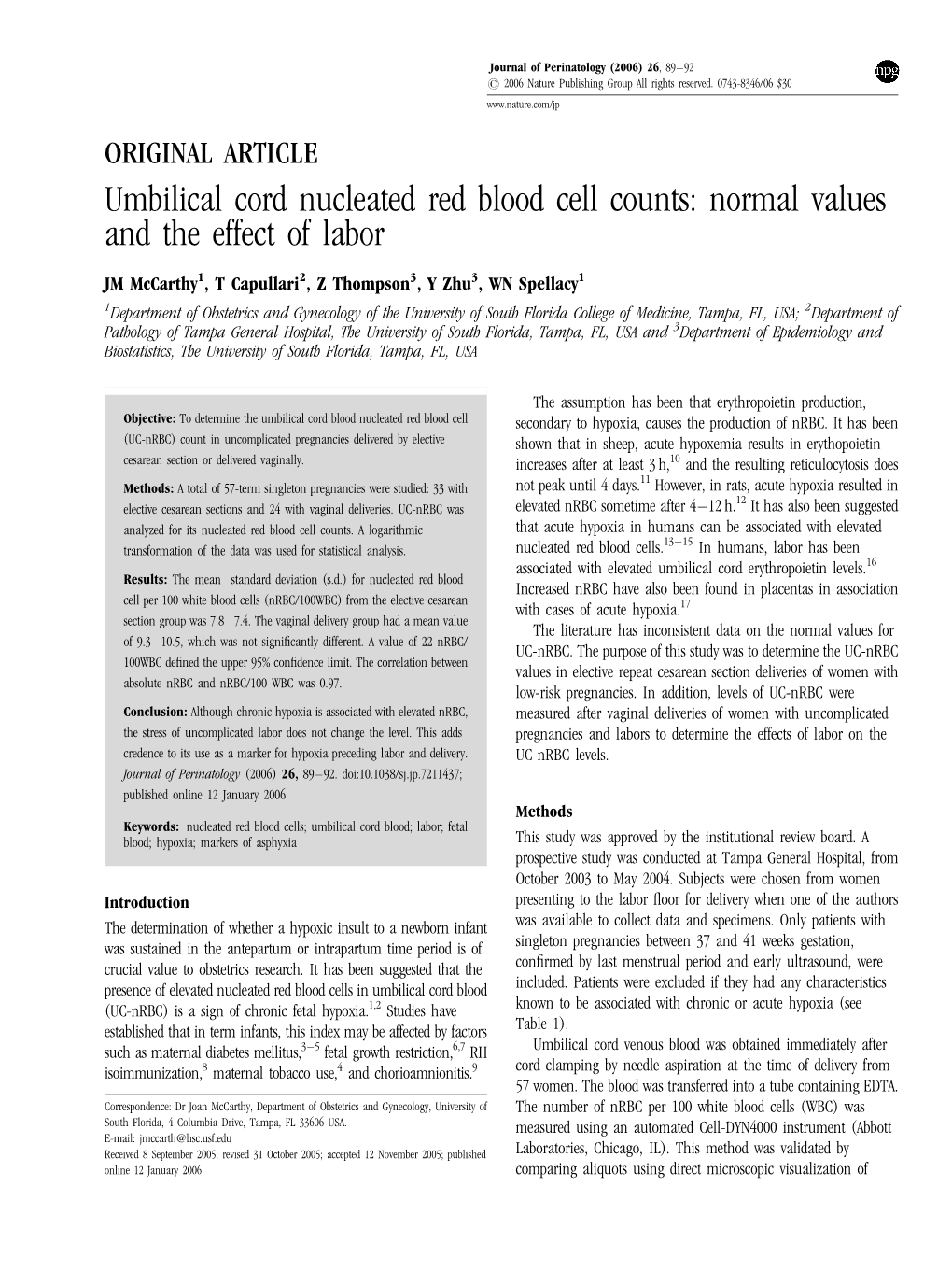 Umbilical Cord Nucleated Red Blood Cell Counts: Normal Values and the Effect of Labor