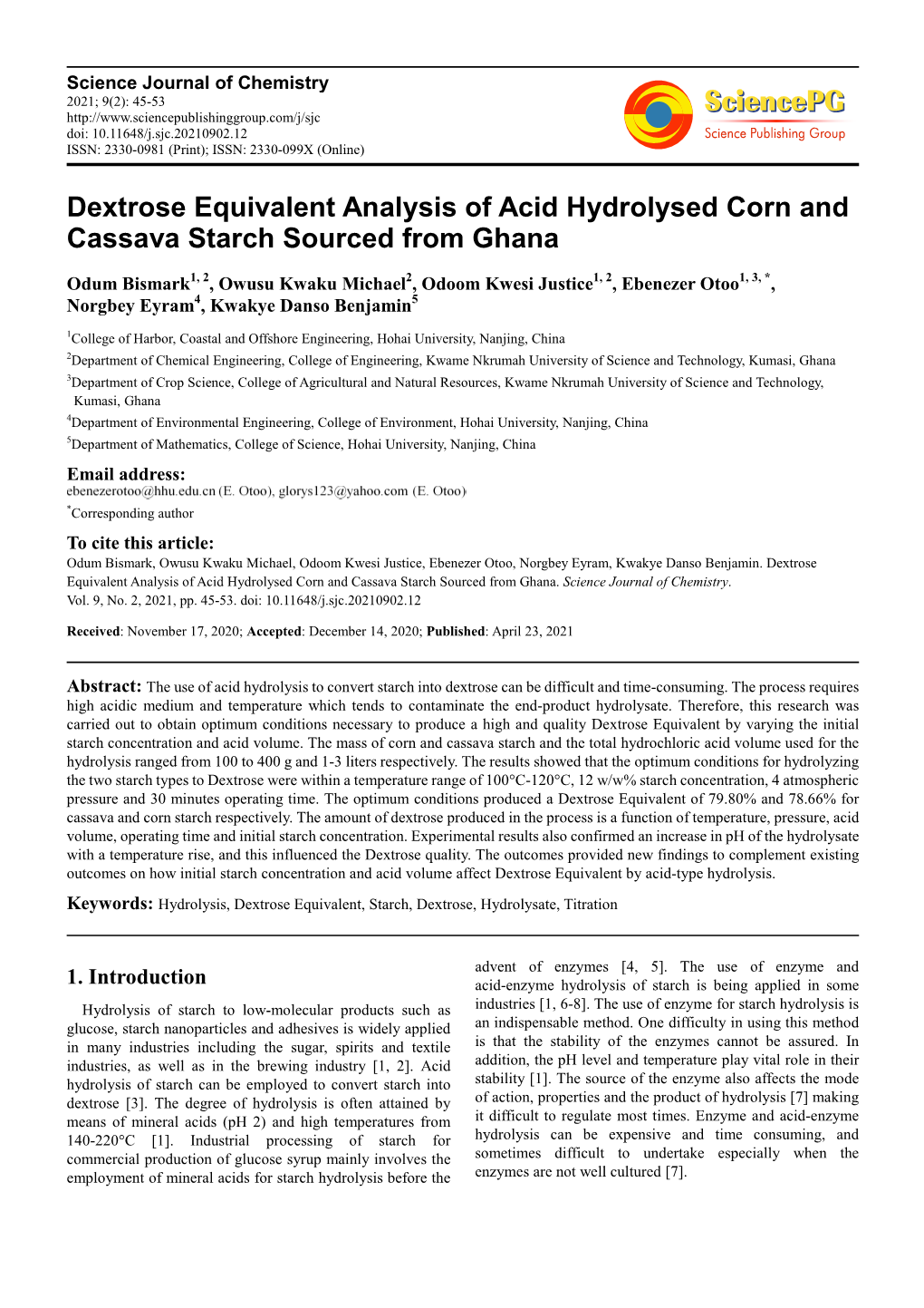 Dextrose Equivalent Analysis of Acid Hydrolysed Corn and Cassava Starch Sourced from Ghana