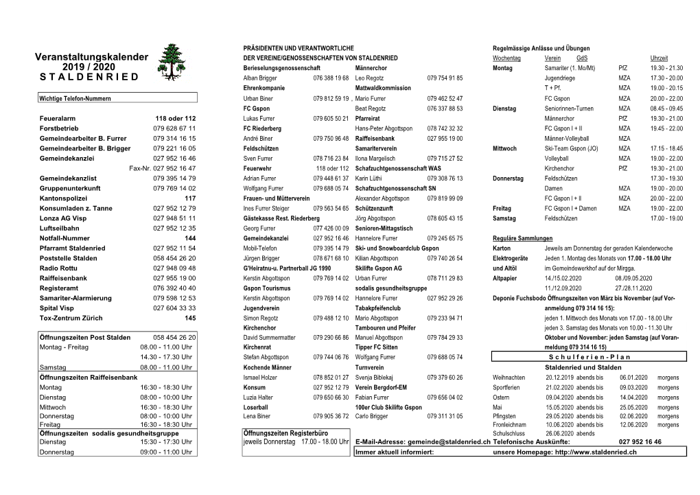 Veranstaltungskalender 2019 / 2020 S T a L D E N R I