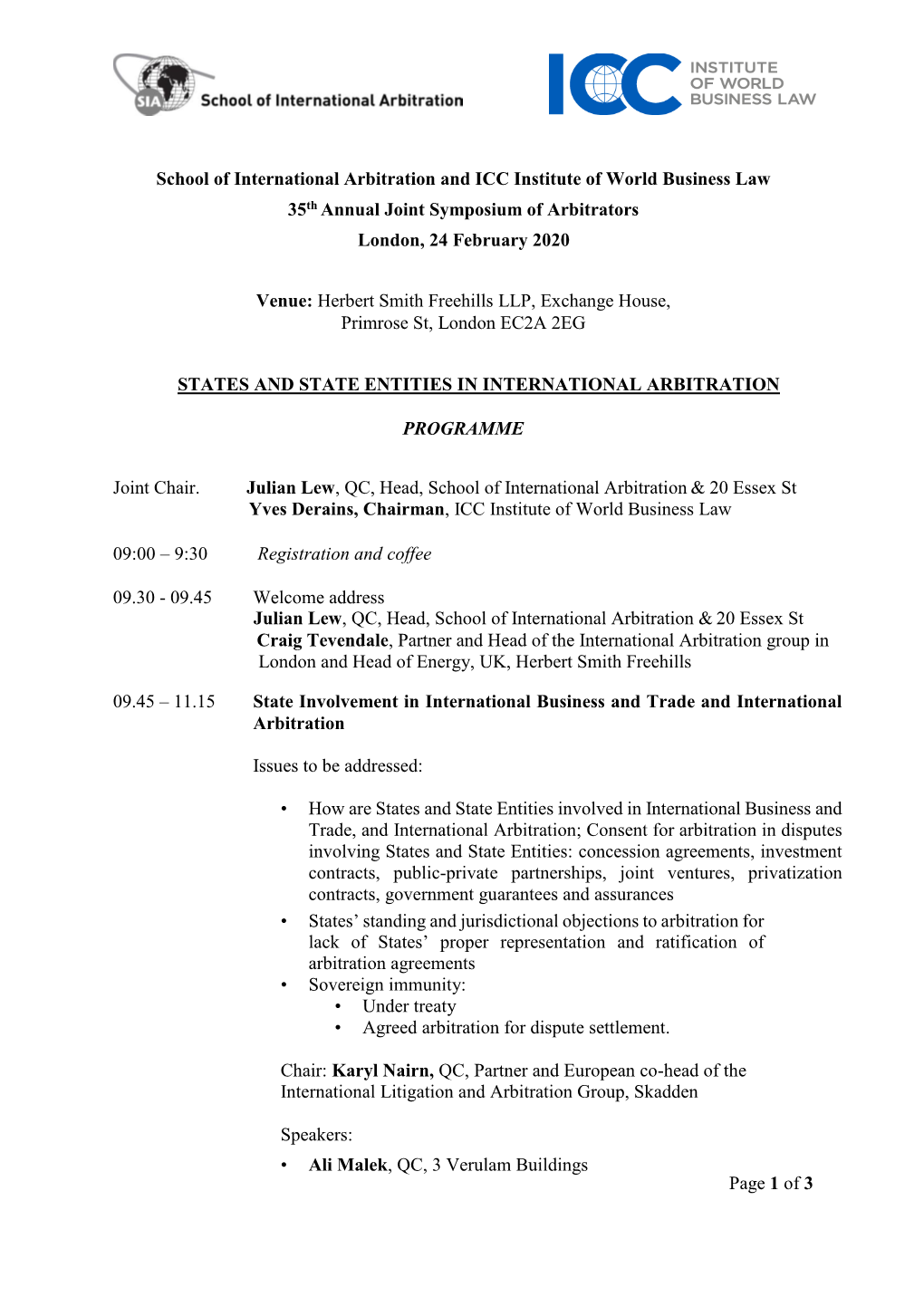 Page 1 of 3 School of International Arbitration and ICC Institute Of