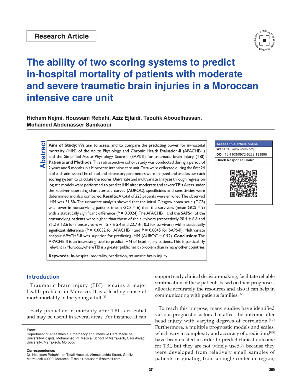 The Ability of Two Scoring Systems to Predict In-Hospital Mortality of Patients with Moderate and Severe Traumatic Brain Injuries in a Moroccan Intensive Care Unit