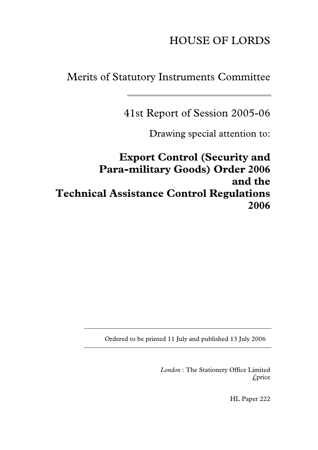 HOUSE of LORDS Merits of Statutory Instruments Committee 41St Report