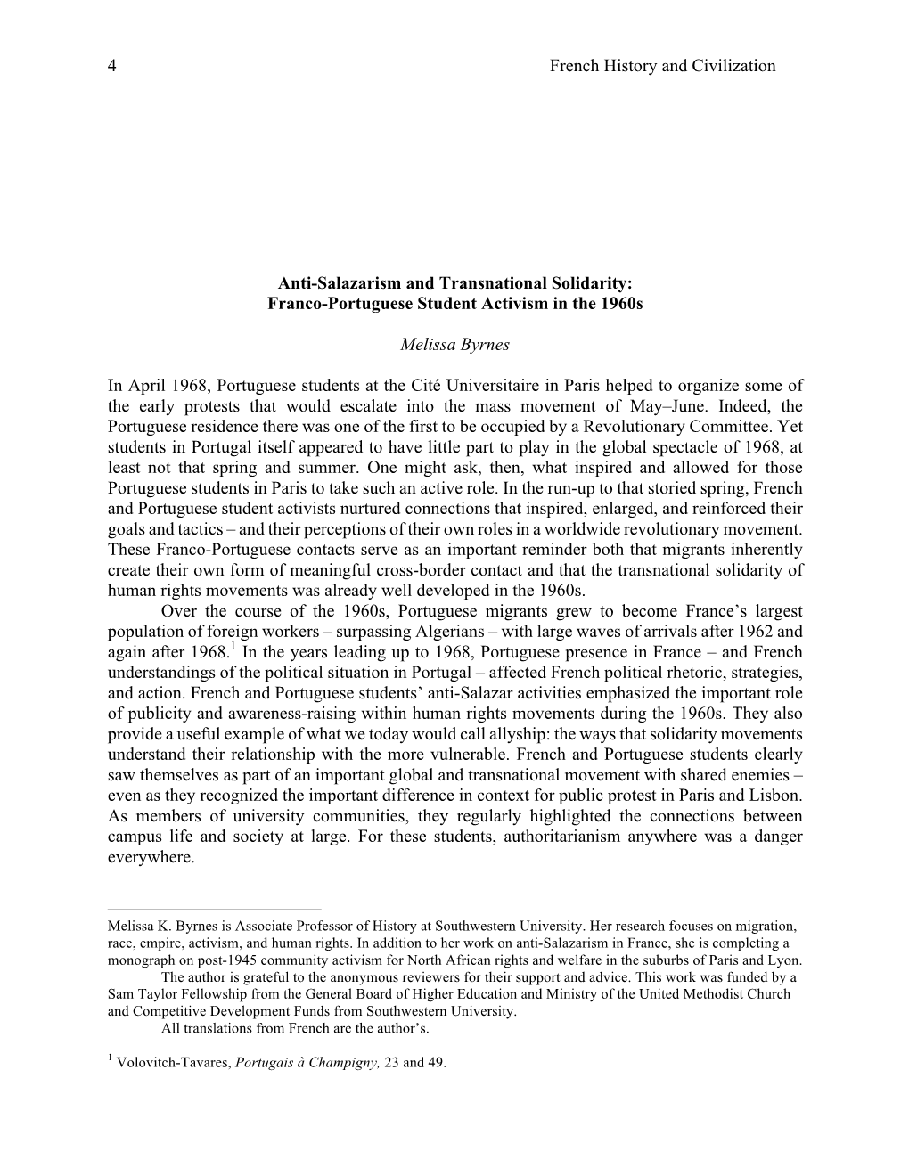 French History and Civilization 4 Anti-Salazarism and Transnational Solidarity: Franco-Portuguese Student Activism in the 1960S