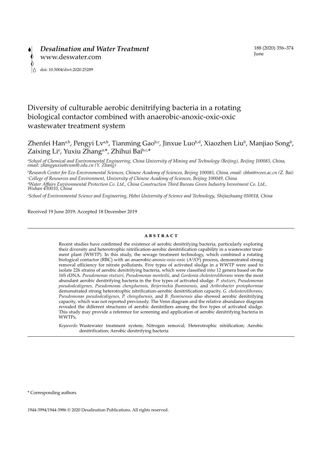 Diversity of Culturable Aerobic Denitrifying Bacteria in a Rotating Biological Contactor Combined with Anaerobic-Anoxic-Oxic-Oxic Wastewater Treatment System