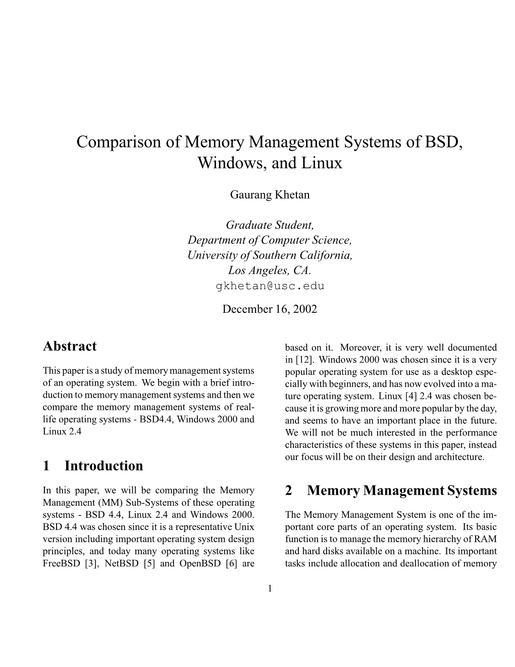 Comparison of Memory Management Systems of BSD, Windows, and Linux