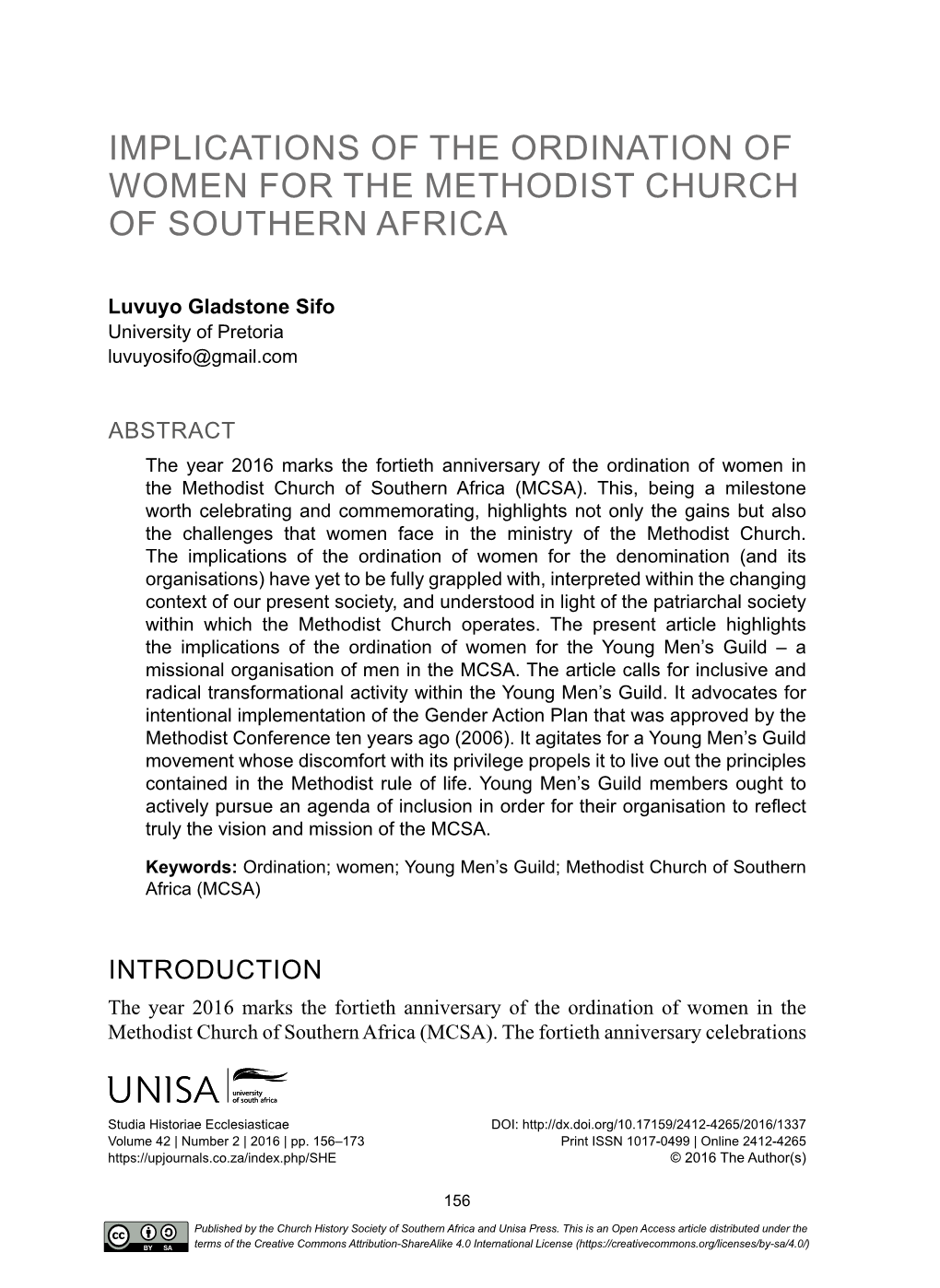 Implications of the Ordination of Women for the Methodist Church of Southern Africa