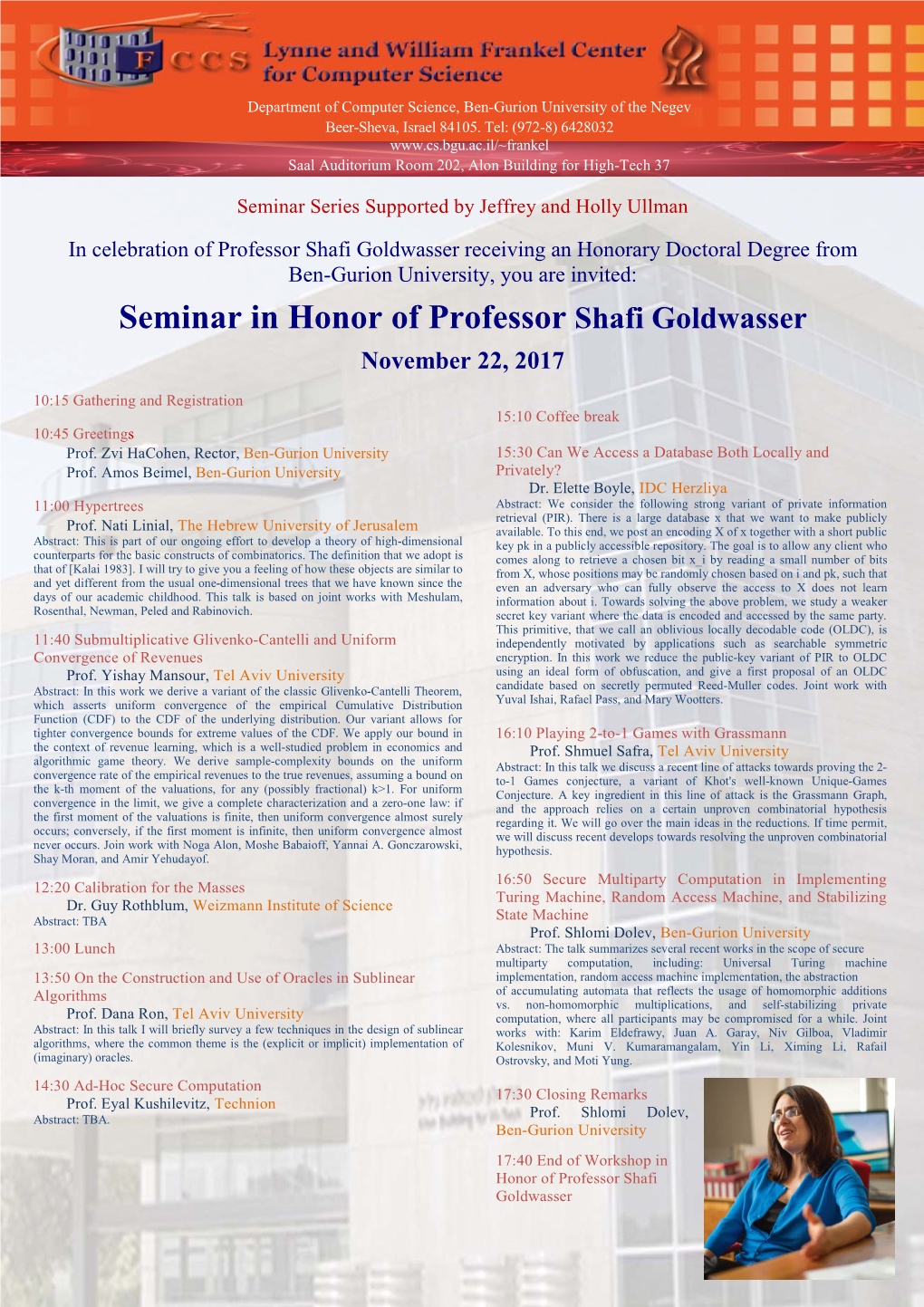 Seminar in Honor of Professor Shafi Goldwasser November 22, 2017