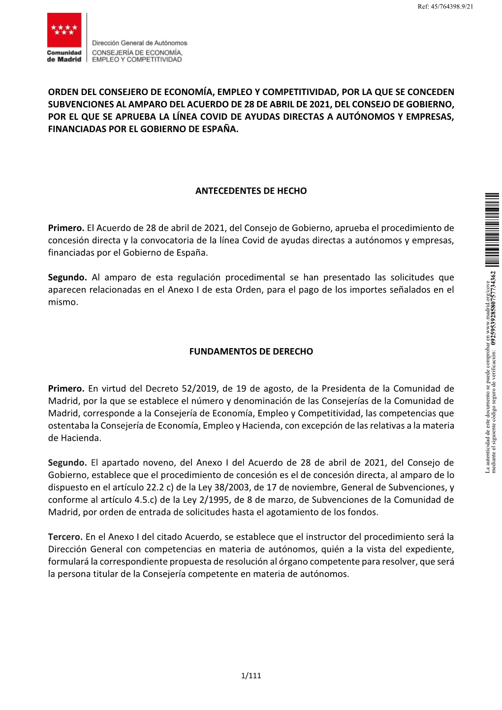 Orden Del Consejero De Economía, Empleo Y