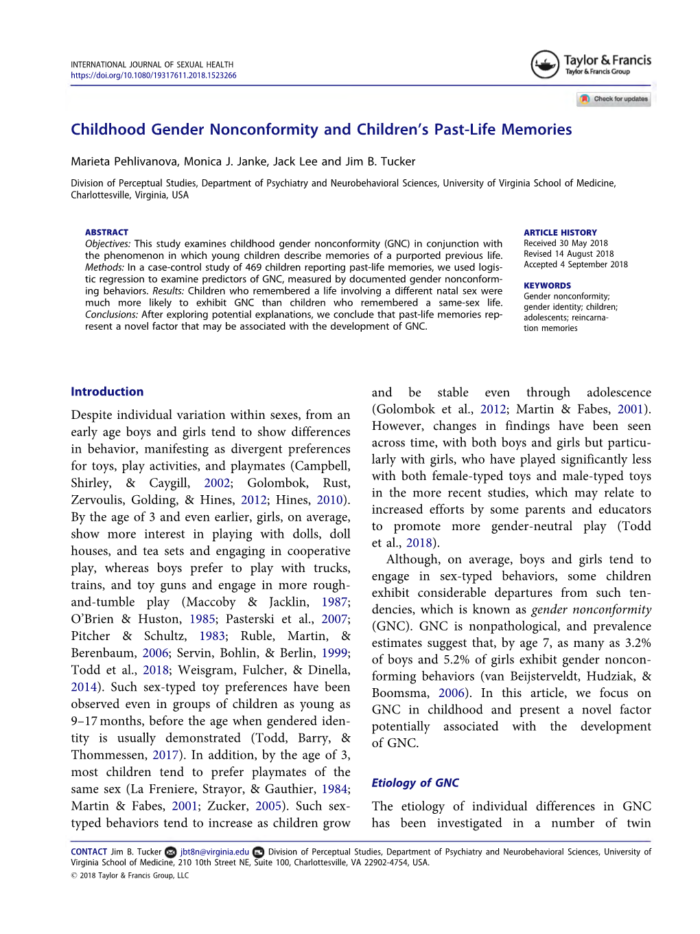 Childhood Gender Nonconformity and Children's Past-Life Memories