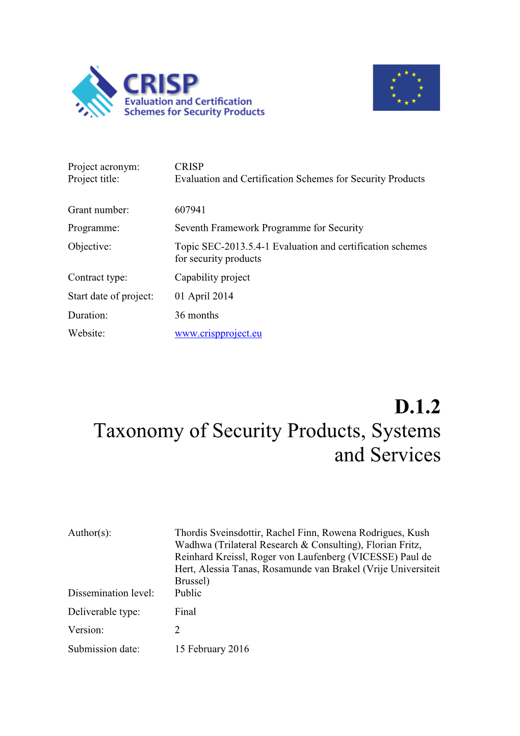 D.1.2 Taxonomy of Security Products, Systems and Services