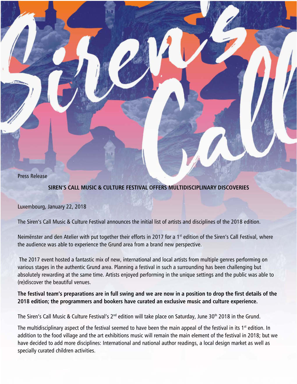 Press Release SIREN's CALL MUSIC & CULTURE FESTIVAL OFFERS