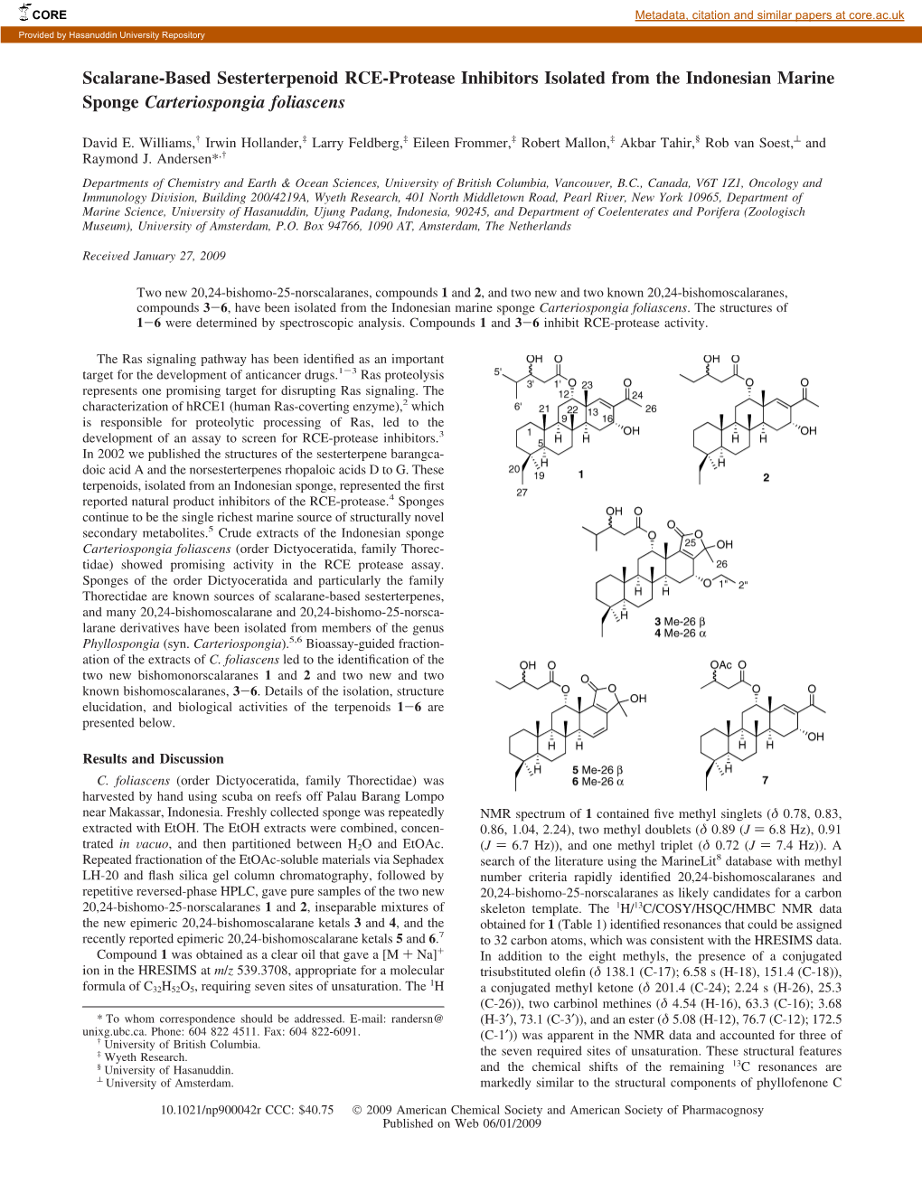 Scalarane-Based Sesterterpenoid RCE-Protease Inhibitors Isolated from the Indonesian Marine Sponge Carteriospongia Foliascens