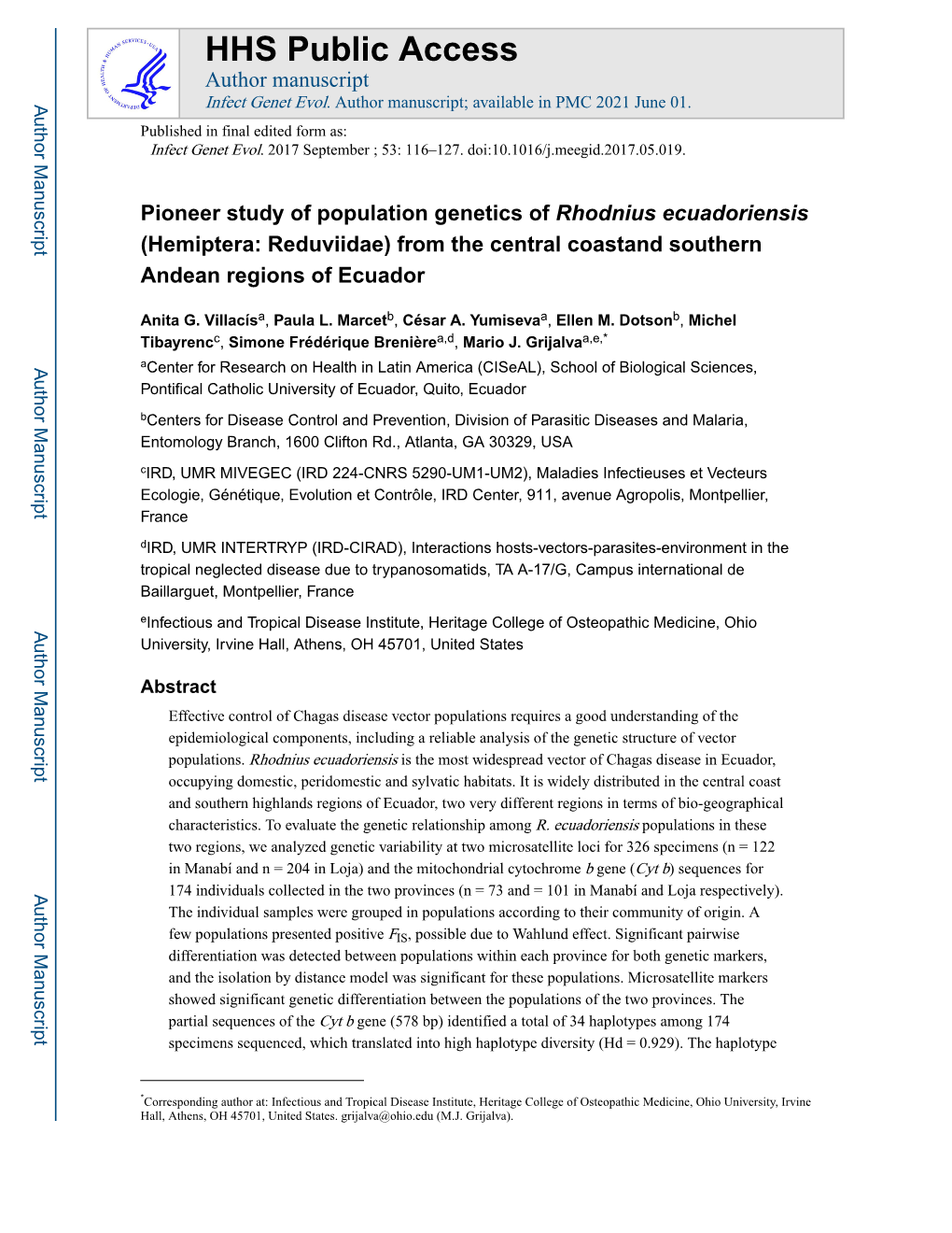 Pioneer Study of Population Genetics of Rhodnius Ecuadoriensis (Hemiptera: Reduviidae) from the Central Coastand Southern Andean Regions of Ecuador
